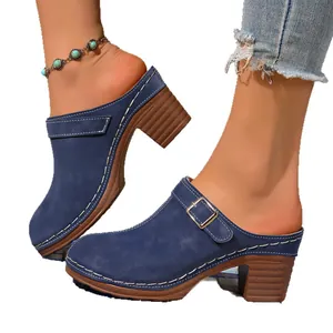 Stylish blue suede chunky heel clogs with buckle for women, summer slip-on mules.