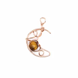 Handmade wire wrapped crescent moon pendant with natural tiger's eye stone bead