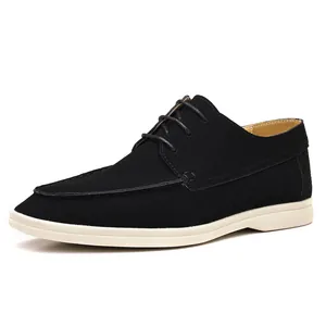 Casual black suede lace-up shoes for men featuring a durable and comfortable white sole.