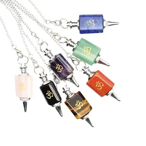 Spiritual crystal dowsing pendulum necklaces set featuring golden Om symbol engravings