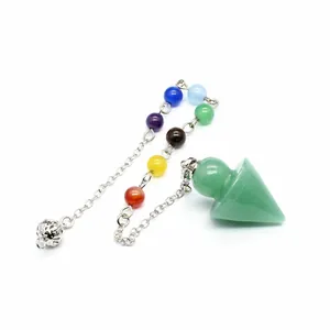 Detailed close-up of green aventurine pendulum with seven chakra beads on a silver chain