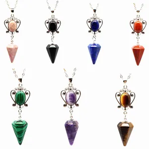 Detail view showing various natural stone hexagonal cone pendants with silver chains