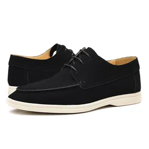 Classic black suede casual loafers for men featuring white soles and a lace-up design
