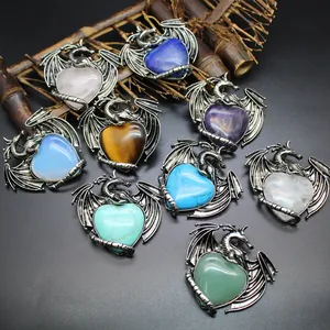 Retro Legierung Drache Umwickeltes Herz Naturstein Anhänger Halskette Für Herren Damen Gothic Fantasy Stil Schmuck Geschenk
