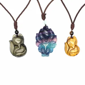 Naturstein Neunschwänziger Fuchs Anhänger Halskette Für Damen Tigerauge Bunter Fluorit Goldobsidian Handgeschnitzter Tier Schmuck Geschenk