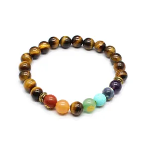 Close-up of 8mm natural tiger eye beads with seven chakra stones on white background.