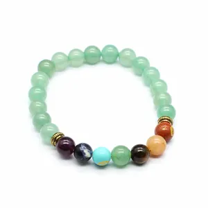 Detailed view of natural stone chakra bracelet with 8mm round aventurine beads