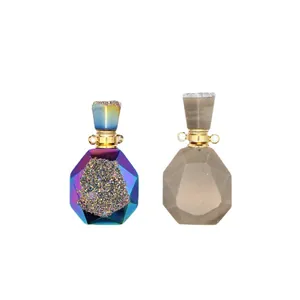 Two natural stone aromatherapy perfume bottle necklace pendants featuring electroplated agate