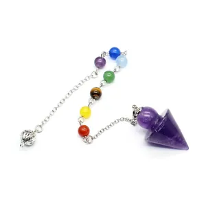 Detailed view of amethyst chakra pendulum with seven colorful healing stone beads