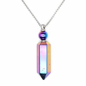 Close-up of rainbow electroplated hexagonal crystal point necklace with vibrant colors.