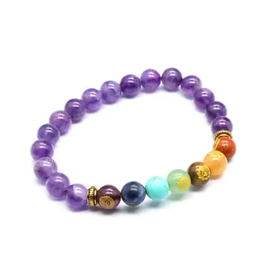 Close-up macro view of a 7 chakra natural stone bracelet with 8mm round purple amethyst beads