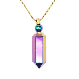 Macro view of iridescent rainbow crystal hexagonal prism pendant with gold chain.