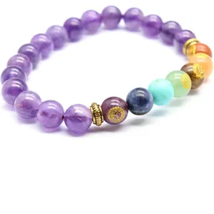 Detailed view of natural stone 7 chakra bracelet with 8mm amethyst beads