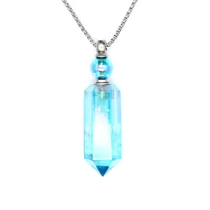 Close-up detail of light blue iridescent AB hexagonal crystal aromatherapy bottle necklace