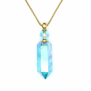 Detail view of hexagonal iridescent crystal aromatherapy bottle necklace with gold chain