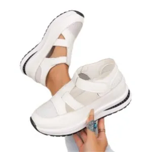 White platform wedge sandals with breathable mesh and velcro straps for women