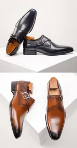 Detailed view of elegant black and brown leather monk strap dress shoes for men