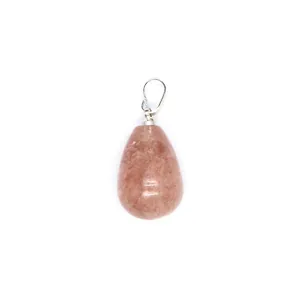 Macro view showing the natural texture of a pink strawberry quartz teardrop pendant