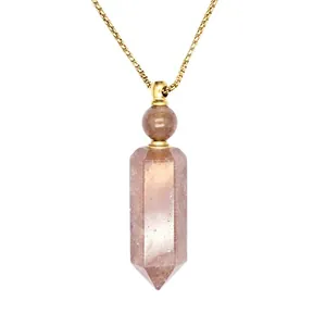 Natural strawberry quartz hexagonal prism perfume bottle necklace with gold chain