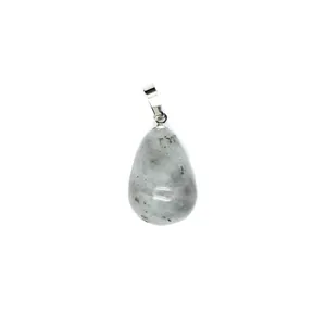 Detailed view of a teardrop-shaped light gray natural stone pendant with silver bail