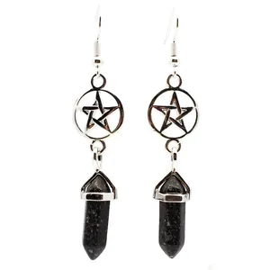 Macro detail of silver hollow pentagram earrings with black hexagonal stone pillar pendants