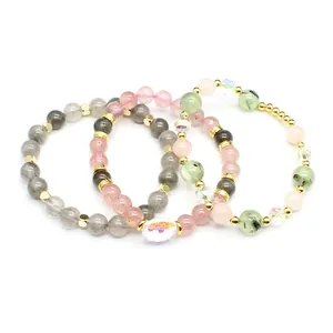 Natural Stone Crystal Beaded Bracelet For Women Simple Fresh Strawberry Quartz Prehnite Handmade Stretch Bracelet Jewelry Gift