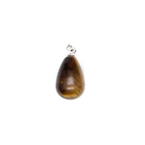 Detailed macro view of a natural tiger eye teardrop crystal pendant with silver bail