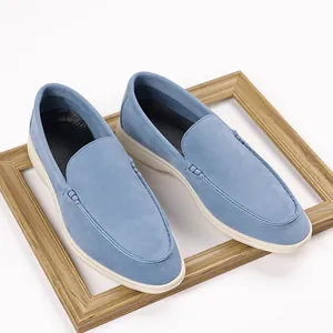 Men's light blue suede loafers with breathable slip-on design for casual summer driving