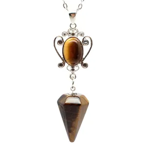 Natural tiger eye stone hexagonal cone pendant necklace with filigree detail