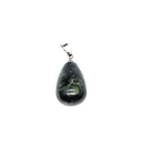 Elegant dark green natural stone teardrop pendant necklace with polished silver bail