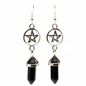 Silver pentagram drop earrings with black hexagonal crystal pendants Gothic jewelry