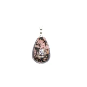 Close-up of a natural strawberry quartz water drop pendant with unique pink patterns