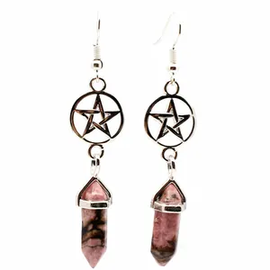 Detailed view of silver pentagram earrings with pink rhodonite crystal points