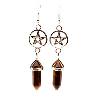 Detailed view of silver pentagram earrings with tiger eye hexagonal stone pendants.