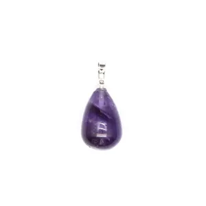 Detail view of a small natural purple crystal teardrop pendant for women's necklace
