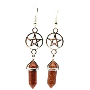 Detailed view of silver pentagram drop earrings with brown glittery hexagonal pillar stones