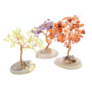 Trio of handmade wire wrapped crystal trees on natural agate slice bases for decor