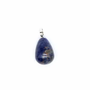 Detailed macro view of a polished blue natural stone teardrop pendant necklace