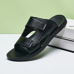 Men Casual Genuine Leather Slides Anti-Slip Summer Outdoor Beach Slippers Dual Strap Adjustable Sandals Black Brown Big Size