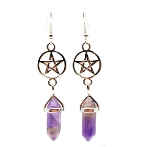 Detail shot of silver pentagram earrings with purple amethyst crystal points.