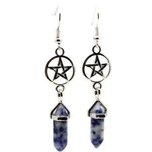 Close-up view of natural stone hexagonal pillar earrings with hollow pentagram pendants