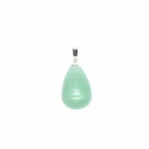 Macro view of a smooth green water-drop natural stone pendant with silver bail details
