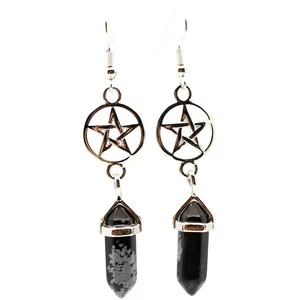 Detailed view of silver pentagram charms and snowflake obsidian hexagonal pillars.