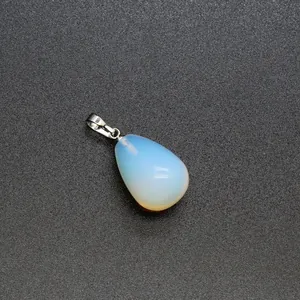 Close-up of a minimalist teardrop opalite pendant with a silver-tone metal bail.