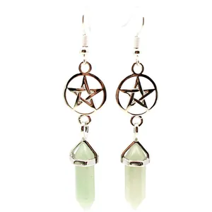 Detail of silver pentagram drop earrings with a light green hexagonal stone column.