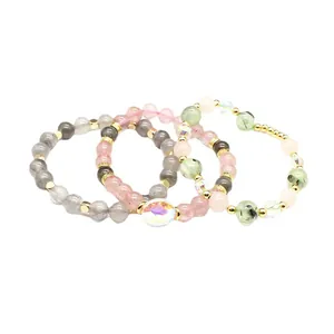 Minimalist natural stone 8mm bead bracelets with strawberry quartz and prehnite crystals