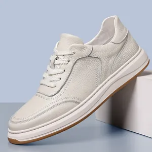 Detailed side view of off-white men's pebbled leather casual shoes with thick white soles.