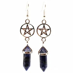 Detailed view of natural stone drop earrings featuring hollow pentagram and blue hexagonal pillar