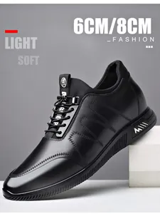 Close-up of black leather elevator men's shoes with 6cm height increase feature