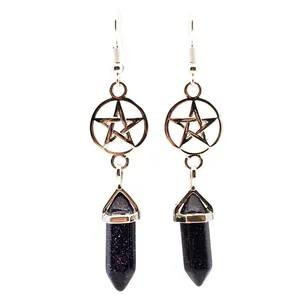 Detail view of silver pentagram earrings with blue sandstone hexagonal stone pillars